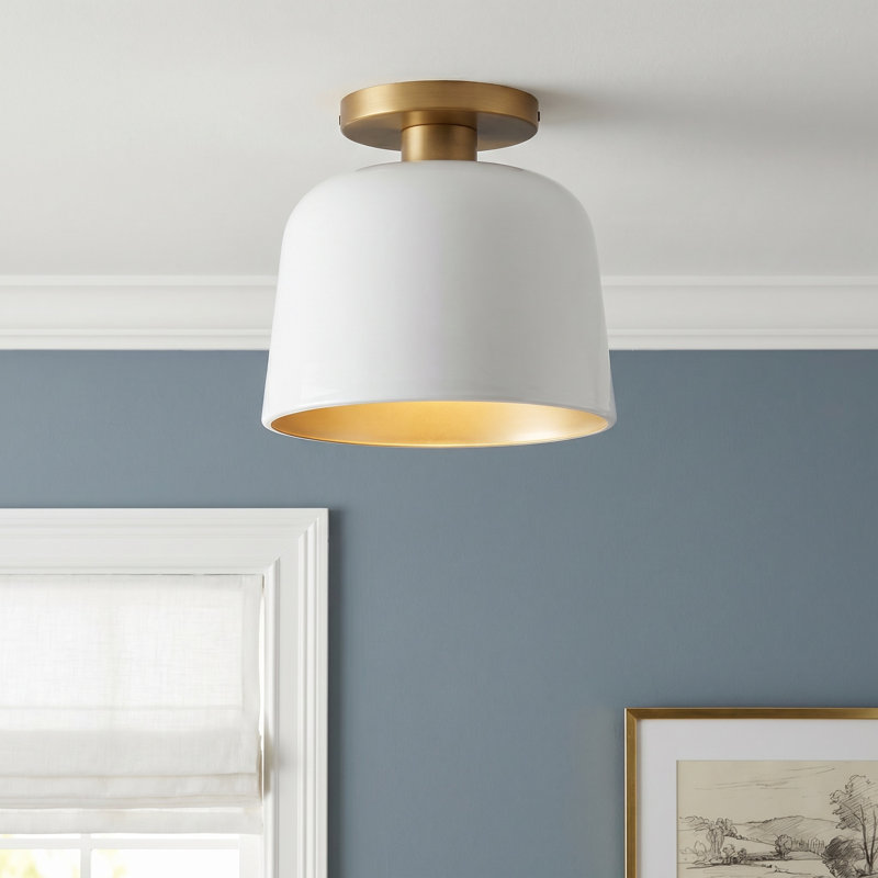 Che 1-Light Dimmable Metal Semi Flush Mount, Natural Brass, White