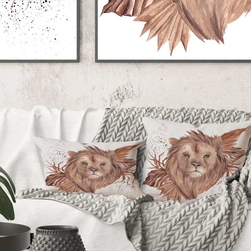 Portrait d'un lion en automne - Coussin décoratif à imprimé traditionnel, 16 po x 16 po