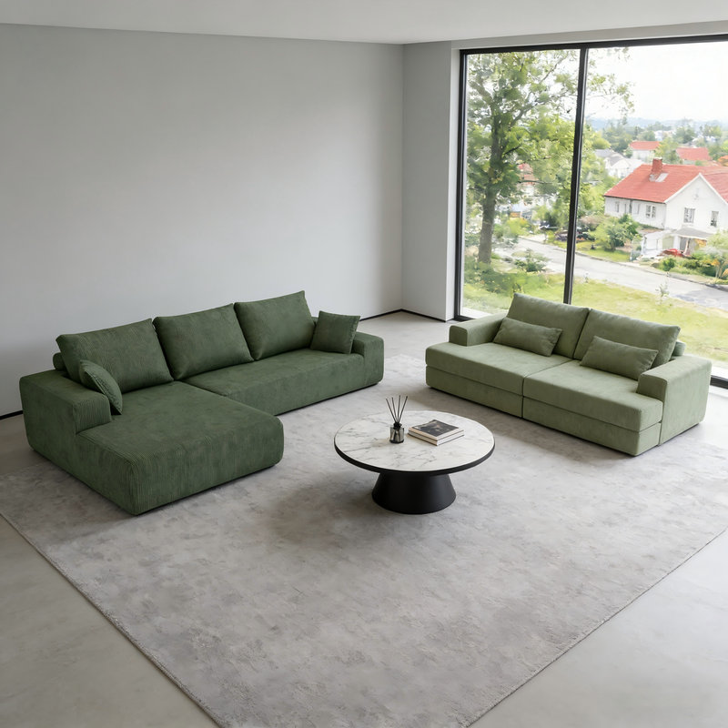 Ensemble de canapé modulaire moderne 2 pièces avec méridienne, aucun assemblage requis, Velours côtelé vert