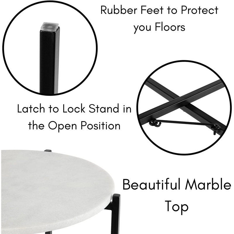 Round Marble Top Folding Side Table with Black Metal Legs