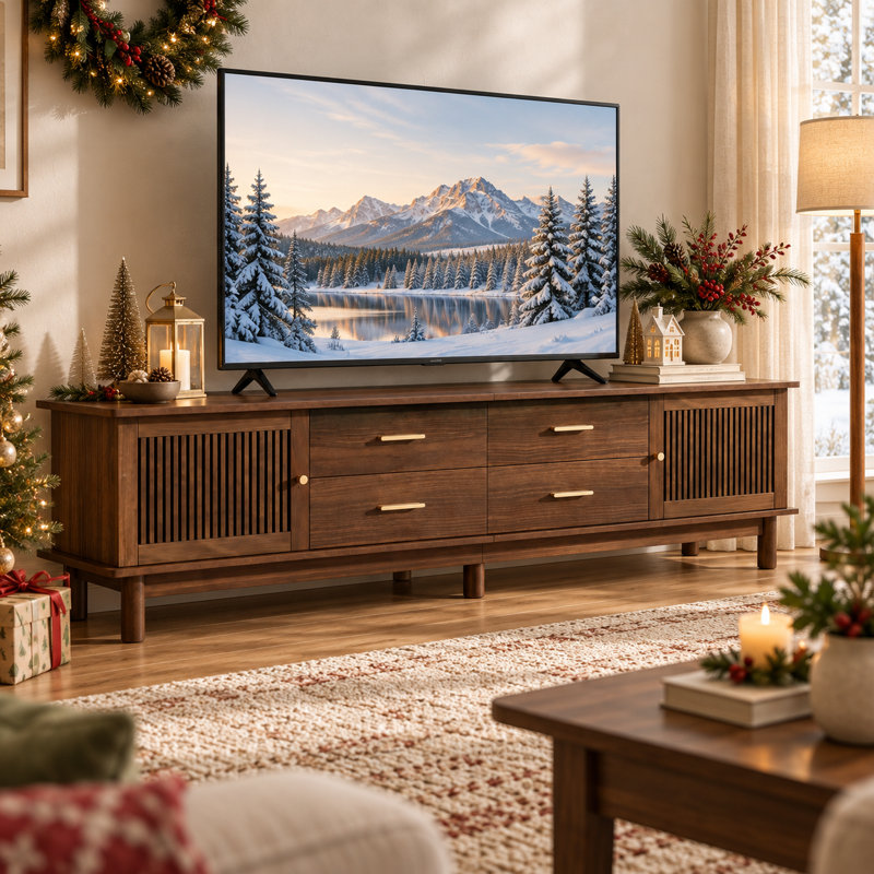 Meuble télé Panora de 78 po pour téléviseur de 85 po, centre de divertissement avec 4 tiroirs et gestion des câbles