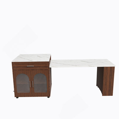 80-Inch Expandable Kitchen Island With Dining Table, Marble-Grain Countertop, Mobile Storage, And Power Outlet, Walnut Finish