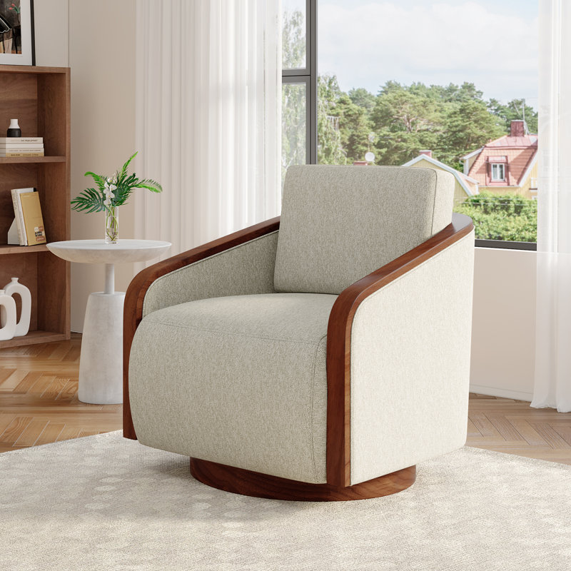 Upholstered Swivel Barrel Chair, Beige Brown