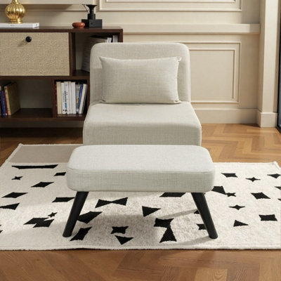 Chaise longue 3 en 1 pliable en lin avec dossier réglable, repose-pieds et coussin détachable, fauteuil convertible