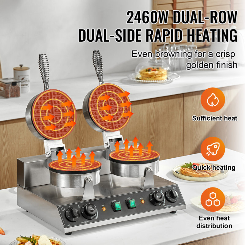 Gaufrier professionnel 2460 W en acier inoxydable antiadhésif, gaufrier belge avec contrôle de la température et du temps, double tête ronde, poignée, conçu pour les restaurants, boulangeries, casse-croûte et familles.