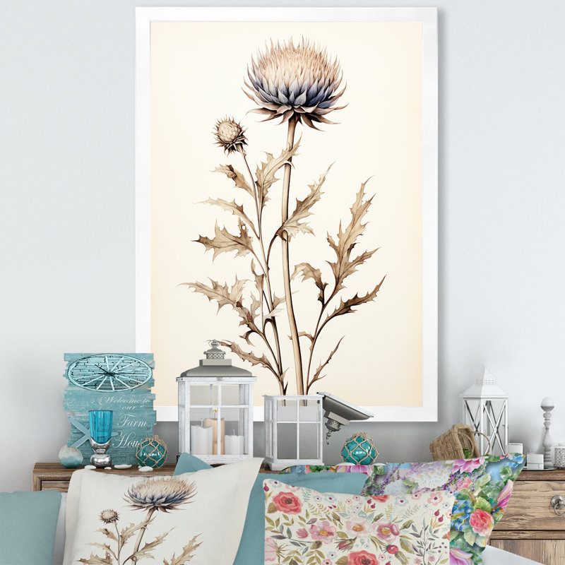 Décoration murale beige chardon fleurs I - chardon, Cadre simple blanc, H 40 po x l 30 po