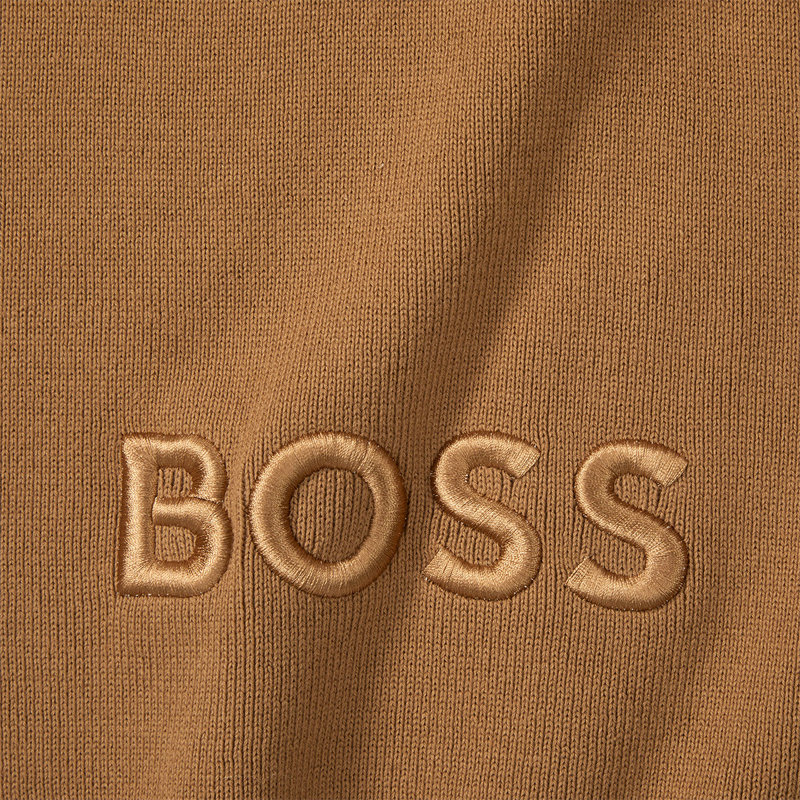 Camel Cotton Blend Knitted Throw with Logo Embroidery