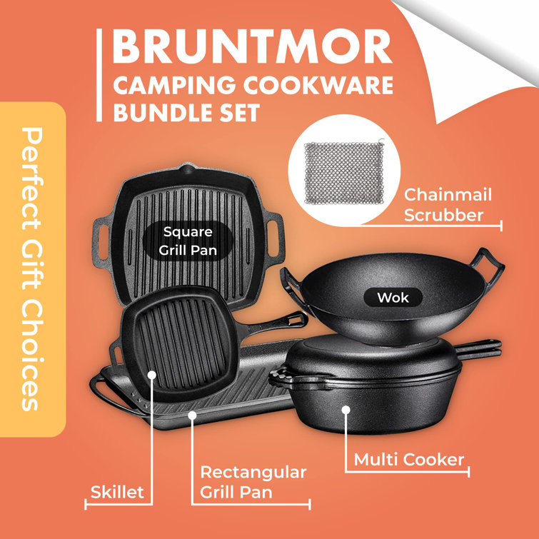 Bruntmor 7pc Pre-Seasoned Cast Iron Set: Dutch Oven, Grill Pan