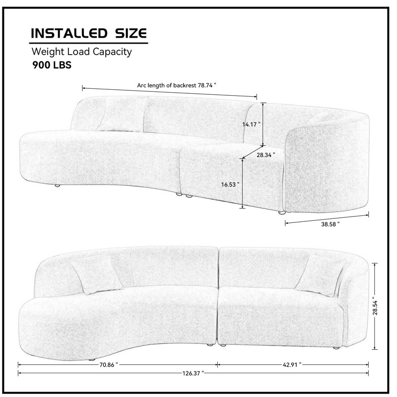 126.37" Boucle Upholstered Curved Sofa, Left Hand Facing, White Fabric