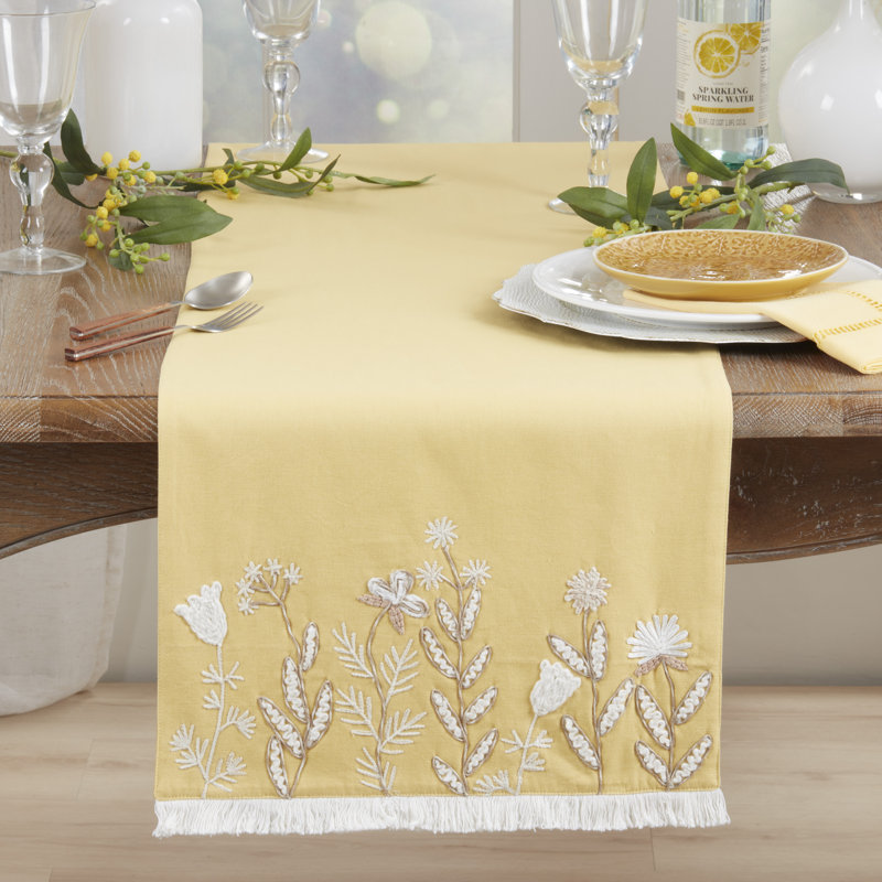 Embroidered Meadow Table Runner – Lined Decorative Table Runner with Fringe for Dining & Console Tables, 16"x72", Yellow