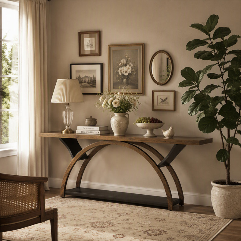 Console à deux niveaux, table d'entrée de 180 cm avec cadre en demi-lune, Brun