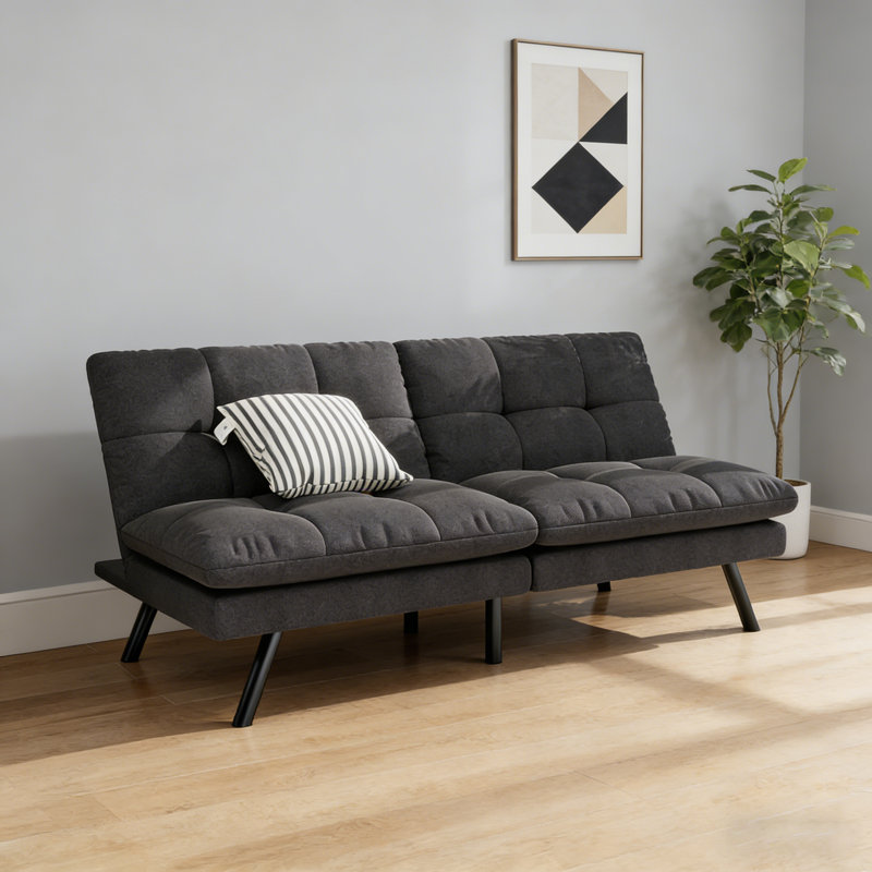 Pavithra 68'' Tufted Convertible Futon Small Sofa Bed, Black Polyester