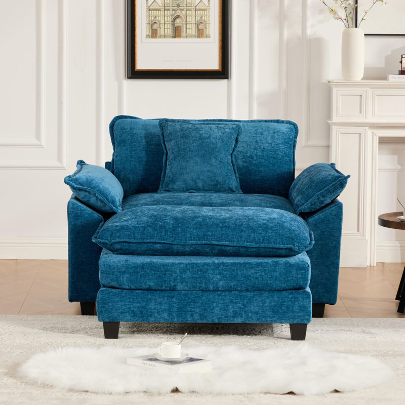 Grid 47'' W Oversized Accent Chair, Deep Seat Chenille Cloud Sofa Chair With Ottoman, Blue
