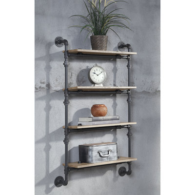 Étagère murale à 4 niveaux, finition chêne et noir sable, avec structure métallique à plusieurs niveaux, style tuyaux d'eau, placage, étagères de 58,5 cm de large, espacement de 30,5 cm, charge maximale de 4,5 kg.