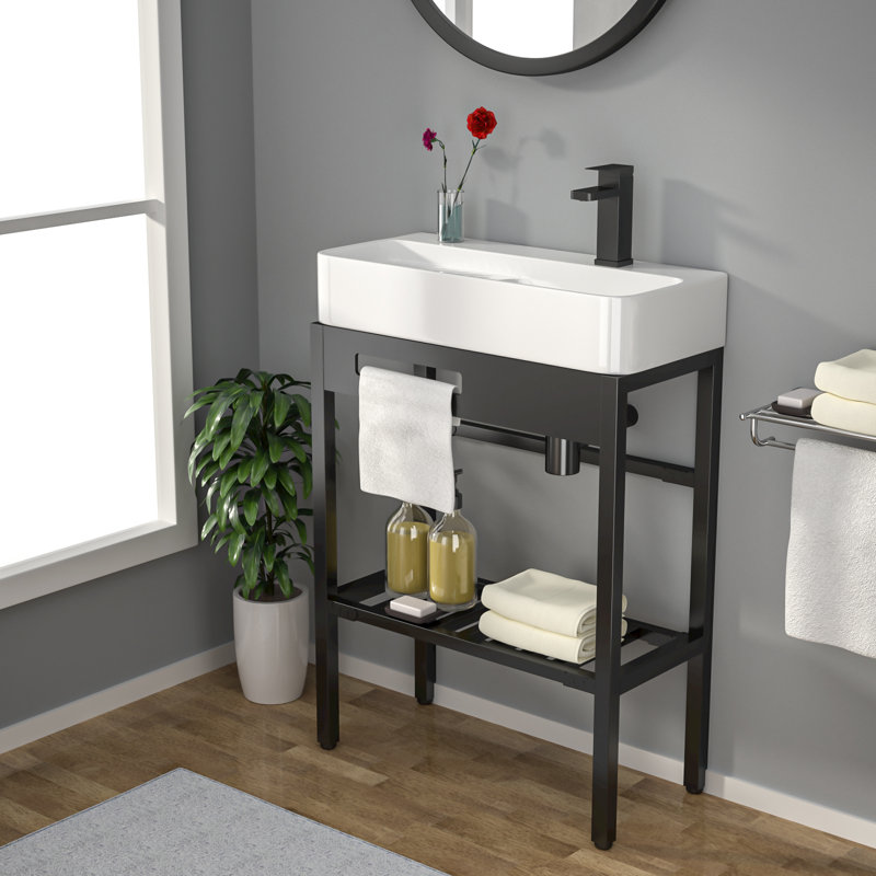 28" x 12" Console Bathroom Sink with Washboard, Stainless Steel Legs, Ceramic Utility Vanity Sink, Open Shelf, Single Hole Faucet Compatible