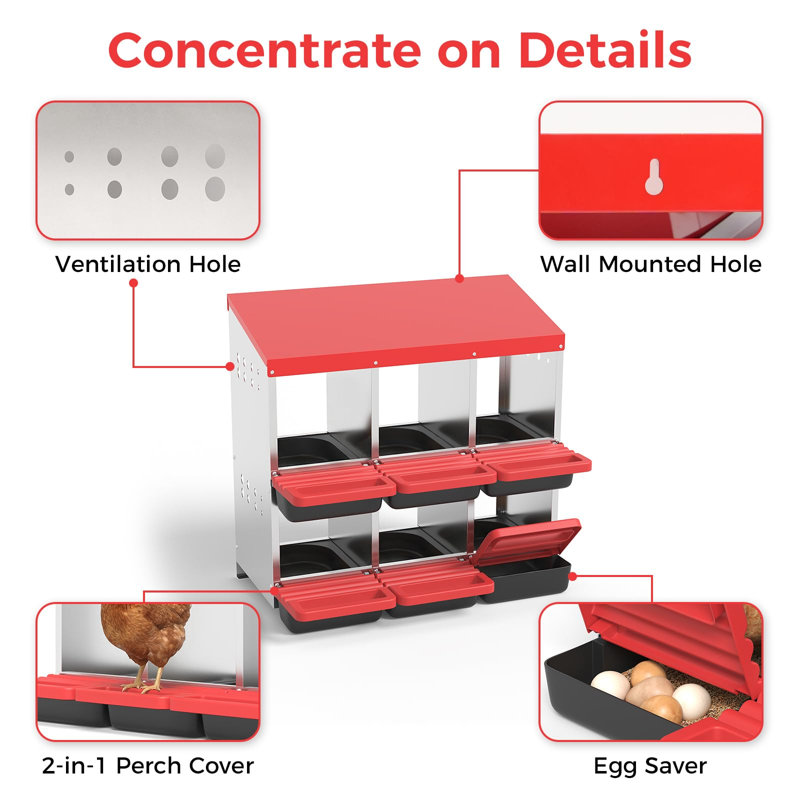 Boîte de nidification robuste en acier galvanisé pour poulets - 6 trous avec couvercle, Red