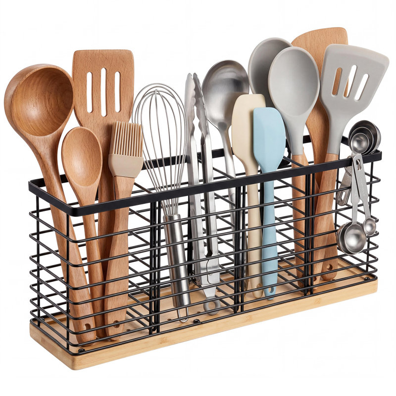 Porte-ustensiles en fonte noire à 4 compartiments avec égouttoir amovible - Range-ustensiles de cuisine à poser ou à fixer au mur pour cuillères, spatules et fouets - Organisateur de couverts antirouille - Grande capacité de rangement
