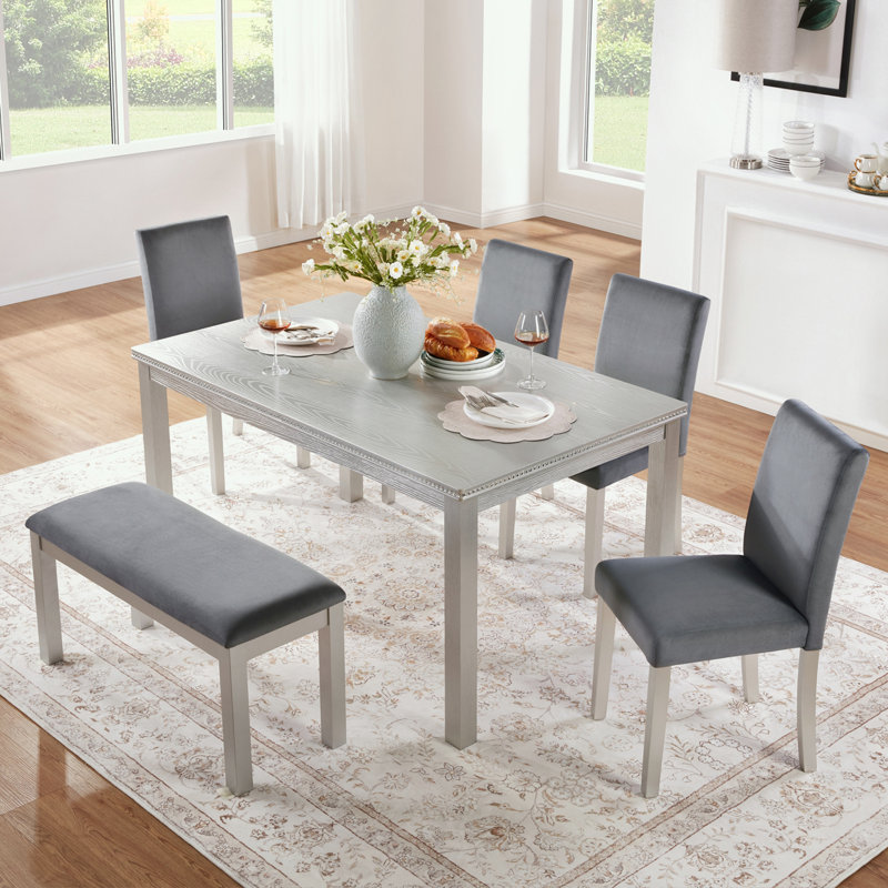 Ensemble de table de salle à manger 6 pièces avec 4 chaises rembourrées et banc