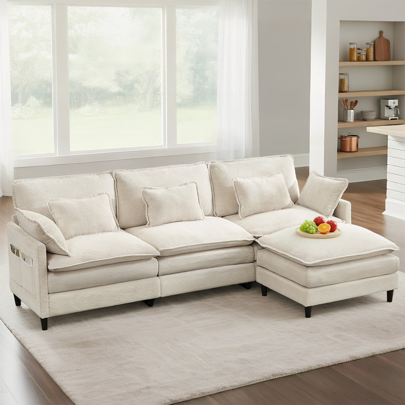 Canapé modulaire rembourré 4 pièces 110,6 po en velours côtelé 4 pièces, Velours côtelé beige