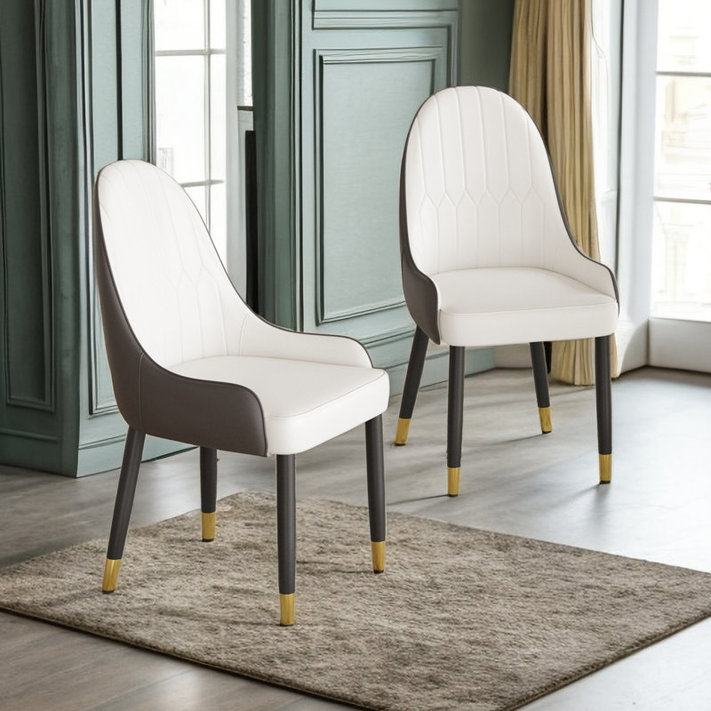 Ensemble de table de salle à manger à piédestal en pierre 7 pièces, Brun / blanc, Marbre blanc