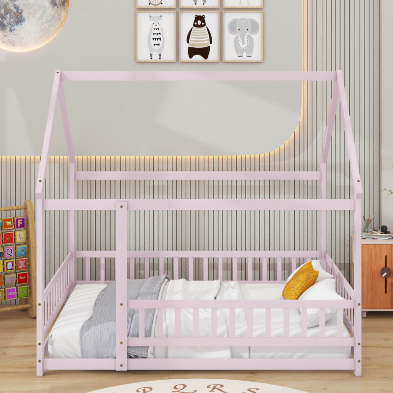 Lit en bois avec toit House House, Lit double, Rose