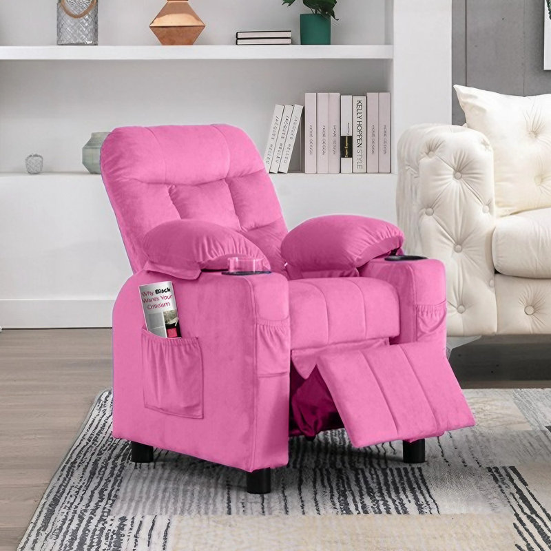 Kids 15.7'' Recliner with Cup Holder, Ergonomic Adjustable Velvet Lounge Chair with Collapsible Footrest & Side Pockets, Toddlers Kids Baby Sofa for Bedroom
