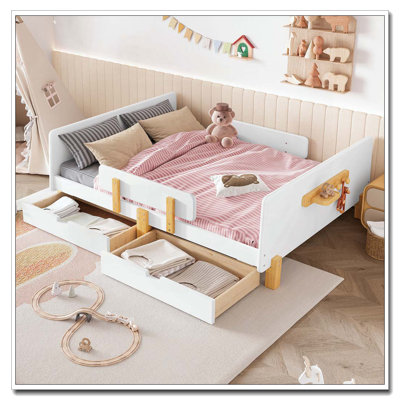 Lit plateforme avec tiroirs de rangement, structure de lit en bois massif avec garde-corps, petite tablette et crochets