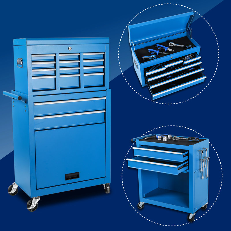 8 Rolling Tool Chest With Detachable Top - Portable Workshop Steel Toolbox 8 Drawers Long-Lasting Storage