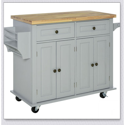 Kitchen Island On Wheels, Rolling, Rubberwood Top, Spice Rack, Towel Rack, Drawers, Grey