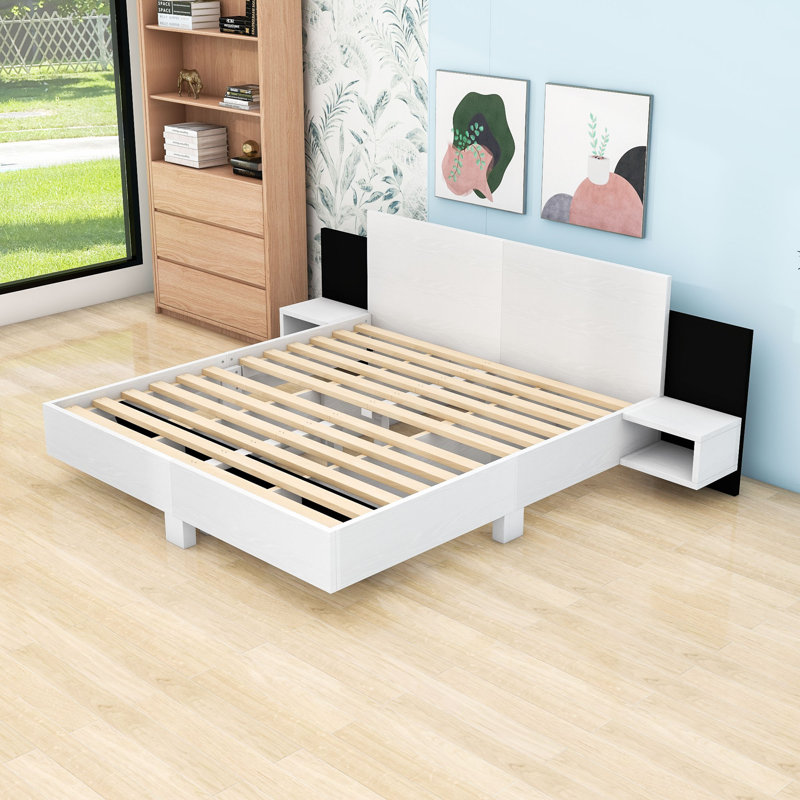 Modern Floating Platform Bed with LED Lighting and Built-in Nightstands, King, White