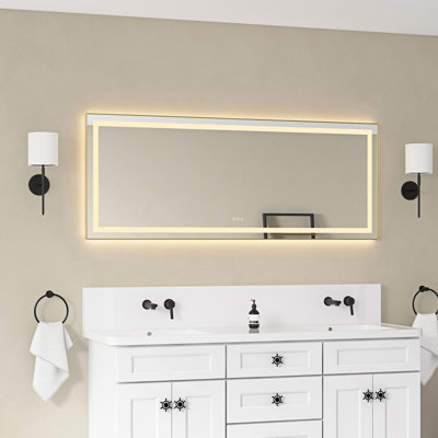 Miroir de salle de bain mural à DEL 72 po x 28 po, cadre en aluminium, 3 températures de couleur, brouillard, mémoire, réglage continu de la luminosité, design or brossé