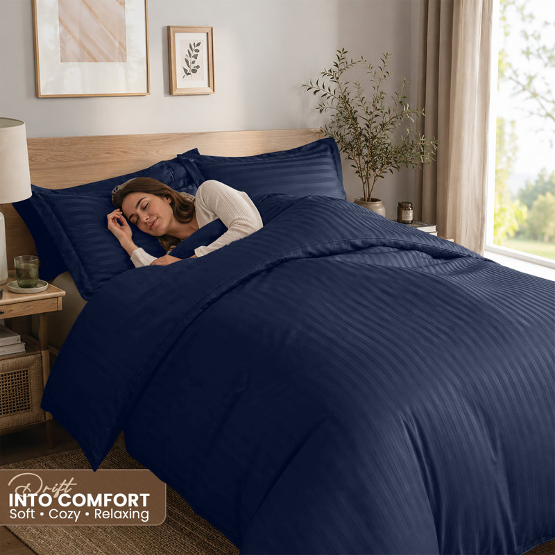 Imperial Homeware London Microfiber Striped Duvet Cover Set with Pillowcases Included, Navy