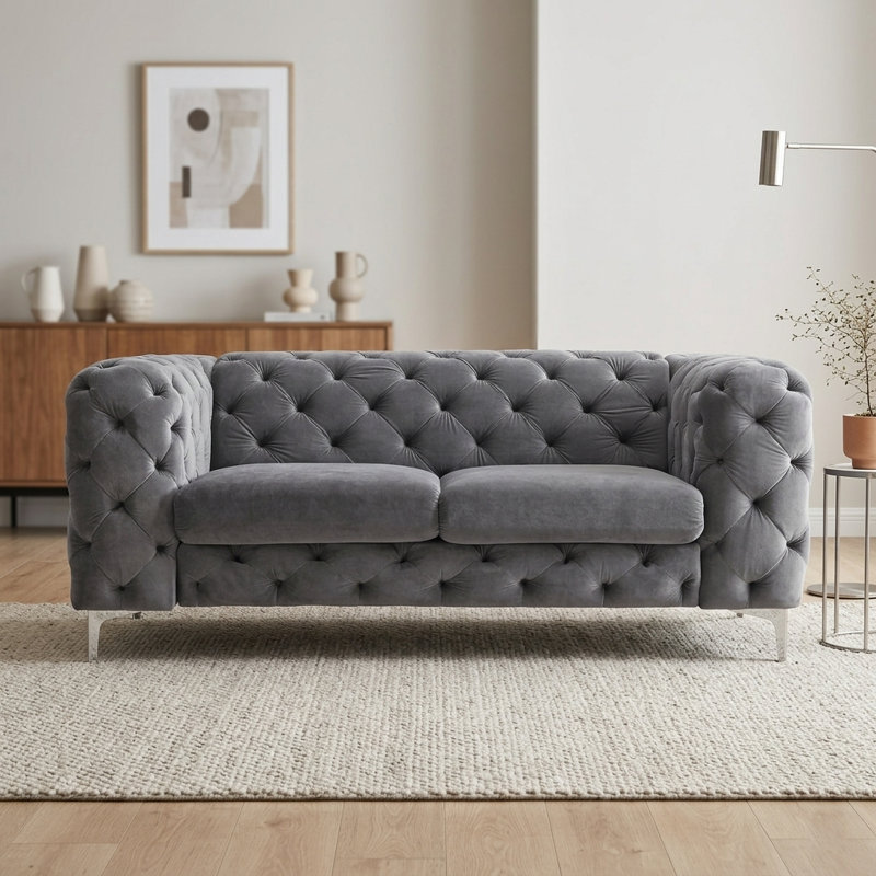 Willa Tufted Velvet Chesterfield Loveseat / Sofa with Chrome Legs, Gray Velvet, 29.5" H x 70.5" W x 39" D, 2