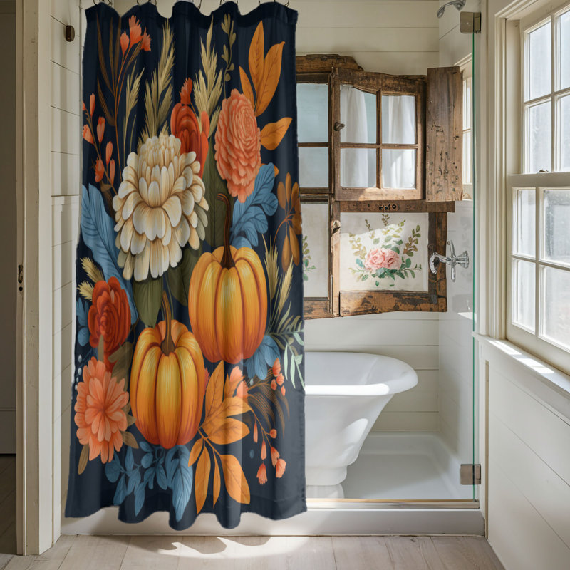 Elegant Pumpkin Floral - 1 Piece Standard Shower Curtain, 74"H x 71"W