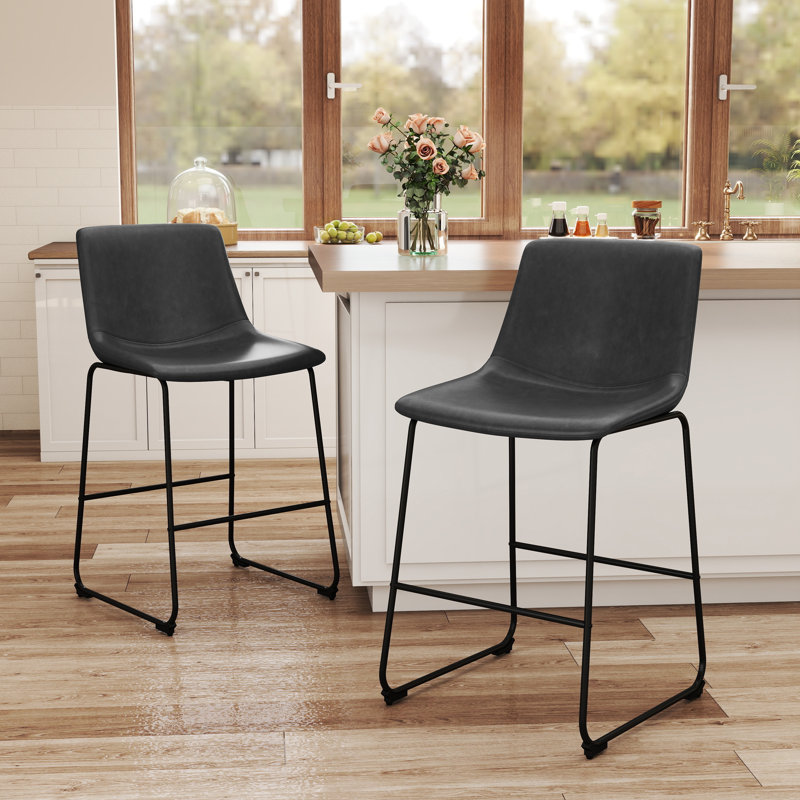  25.4'' H Modern Pu Leather Counter Stool With Metal Legs And Footrest, Gray, Counter Stool (25.4" Seat Height), 2