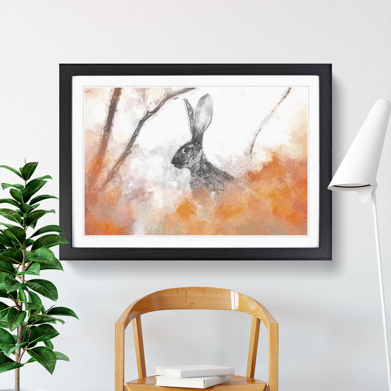 The Alert Hare in Orange - Picture Frame Painting, 27cm H x 36cm W x 2cm D, Black Framed