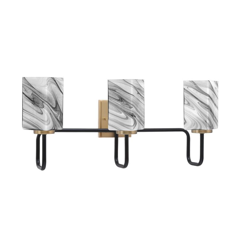 Barre d'éclairage de salle de bain 3 lumières Amarmula au fini noir mat et laiton vieilli, verre onyx carré 3,5 po