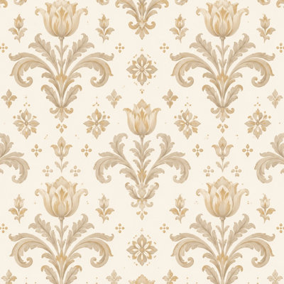 Papier peint adhésif beige vintage à motifs floraux damassés et botaniques élégants. Papier contact classique, amovible et autocollant. Décoration murale pour chambre, cuisine et placards. 45 cm x 300 cm.