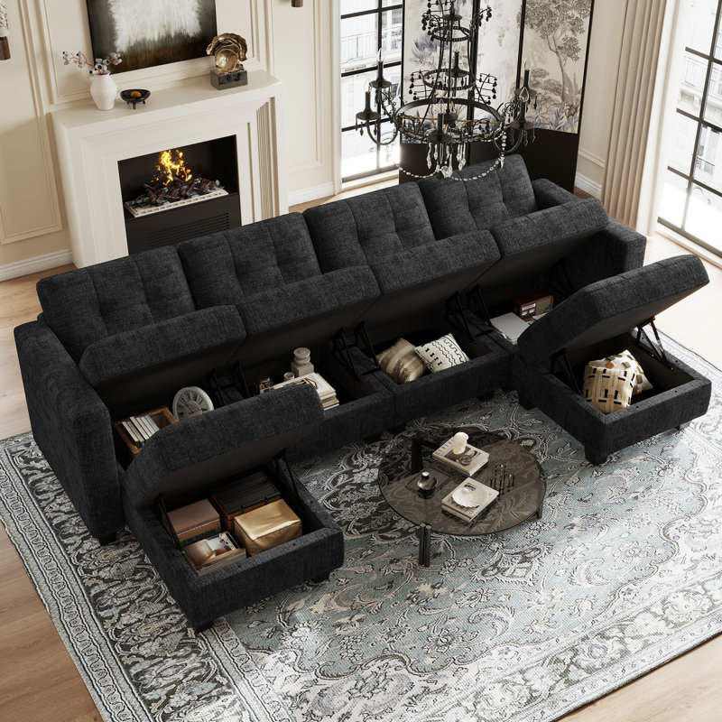 Shazier 6-Seats U-Shape Chenille Modualr Sofa, Black Chenille