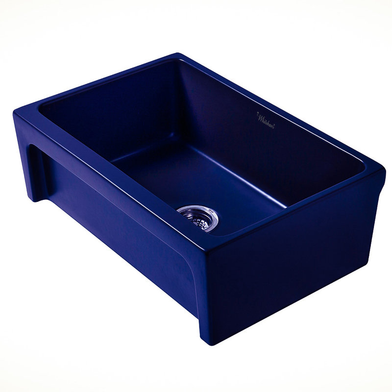Whitehaus 30” Reversible Single Bowl Fireclay Kitchen Sink: 2-1/2" Lip, Beveled Front Apron, Glossy Blue
