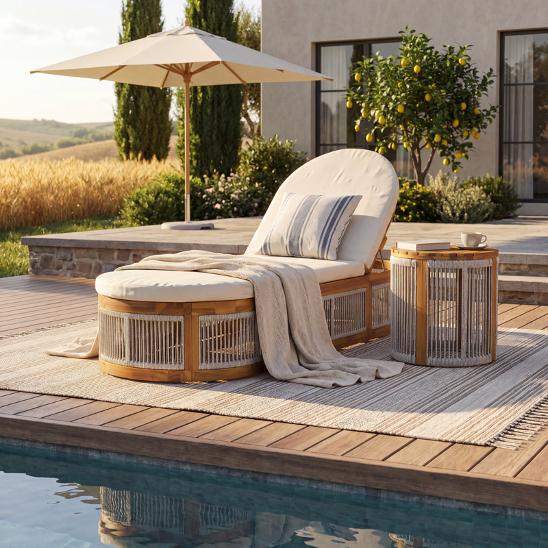 Chaise longue de patio en bois d'acacia Aelis avec table d'appoint ronde et dossier réglable, Light Grey Rope/Teak