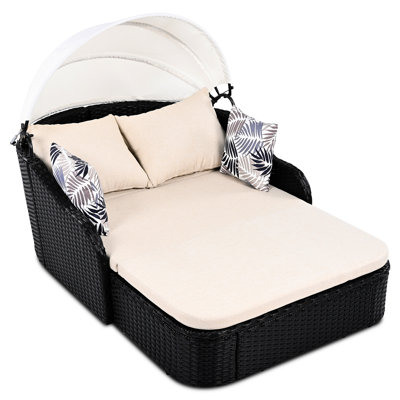 Lit de bronzage Pe avec parasol mobile - auvent double, élégant et beige avec coussins