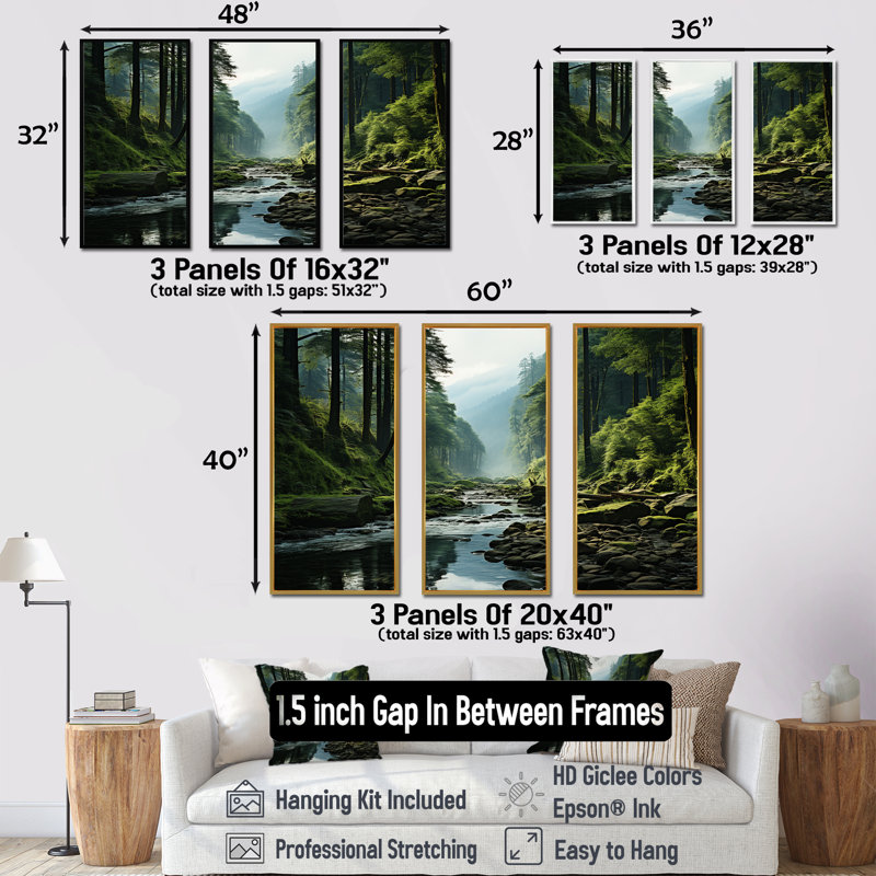 Ensemble de salon Mystic Wilderness Pine Forest In Canada V - Forest Wall Art, Cadre flottant noir