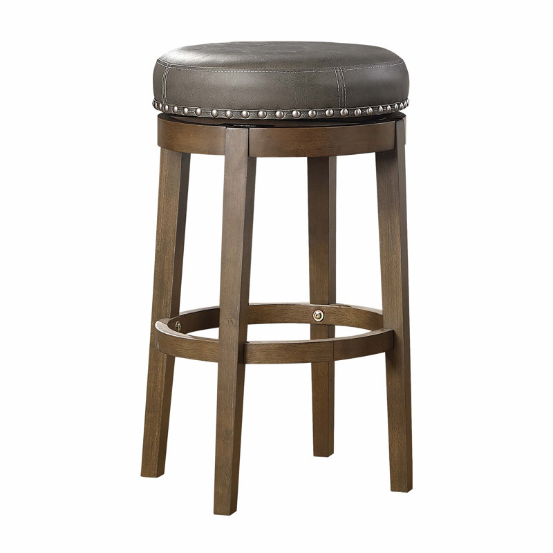 Ensemble de 2 tabourets de bar rotatifs ronds, similicuir gris, siège pivotant à 360 degrés, garniture cloutée, structure en bois massif, finition brune