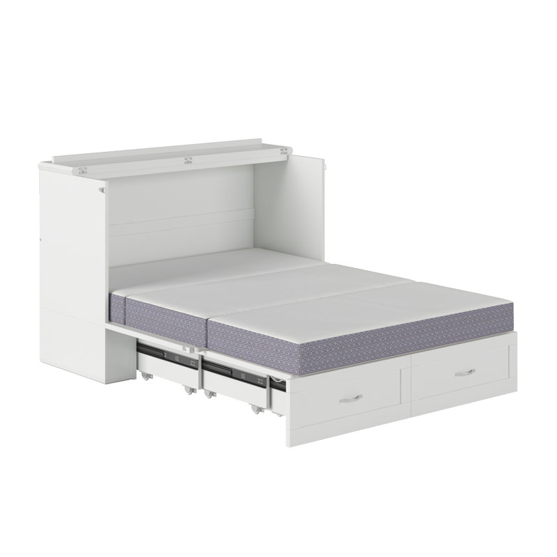 Commode et lit escamotable avec matelas 6 po, rangement et chargeur intégré Atiyah, Blanc, Double