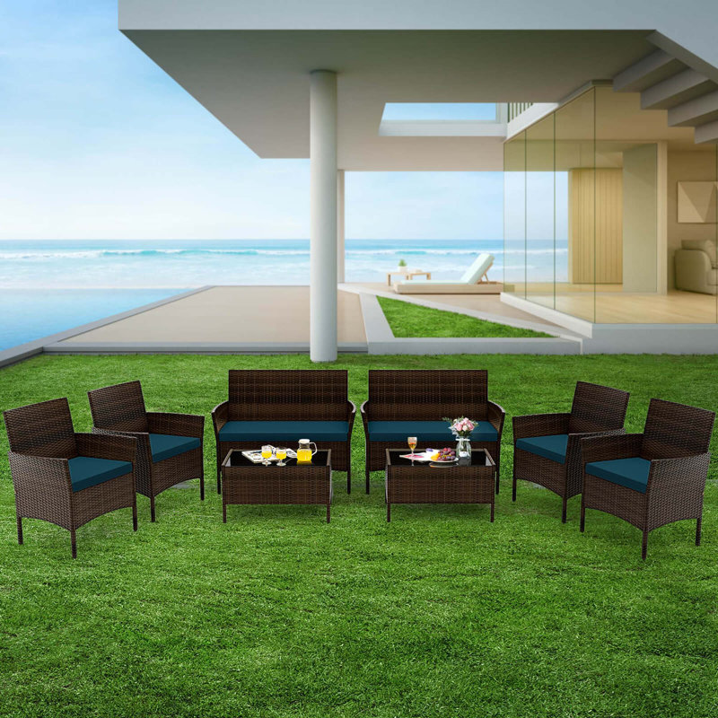 8 Pcs Patio Furniture Set With Washable Cushions And Tempered Glass Coffee Table, Blue