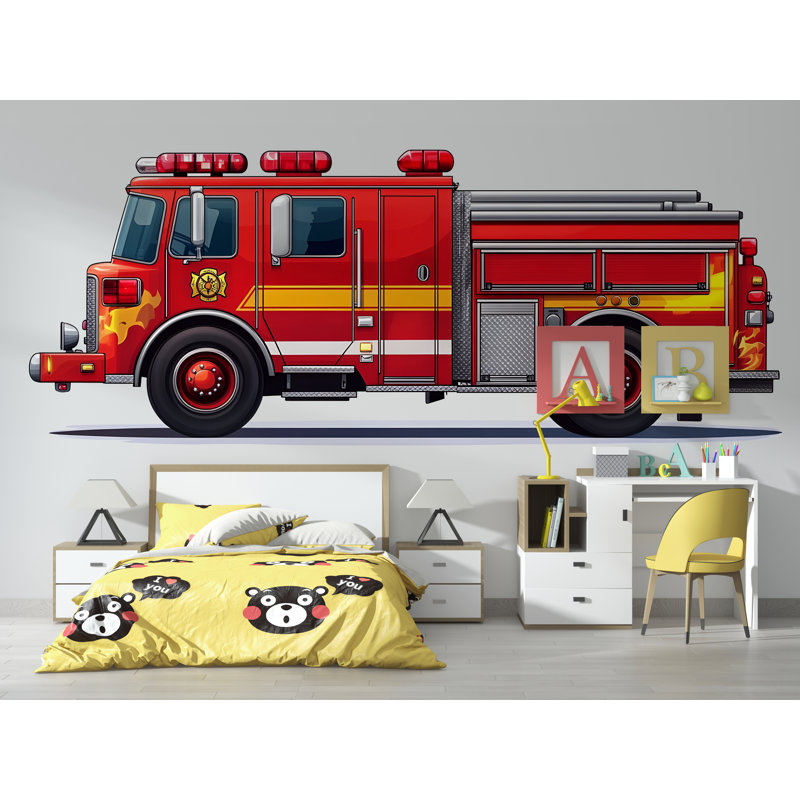 Art mural de camion de pompiers pour chambre d'enfant, décor de chambre de pompier, peinture murale rouge pompier 178Mv