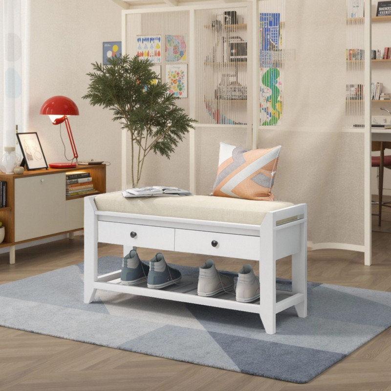 Banc de salle à manger rembourré avec tiroirs de rangement et tablette, Blanc