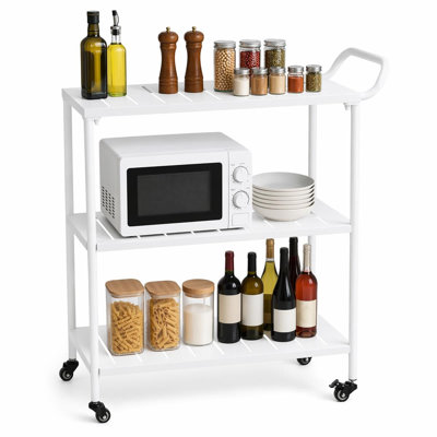 Chariot de bar roulant à 3 niveaux avec poignée, chariot de service mobile pour boissons, idéal pour la cuisine, le salon, les îlots de rangement et les chariots, blanc moderne.