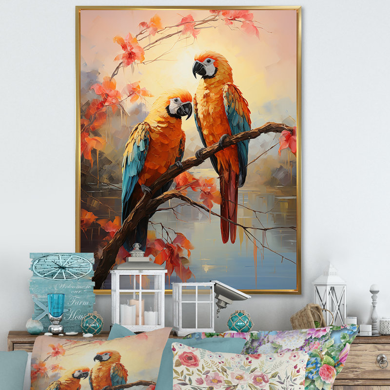 Perroquets coucher de soleil sérénade sur toile, Cadre flottant doré, H 32 po x l 24 po x P 1 po
